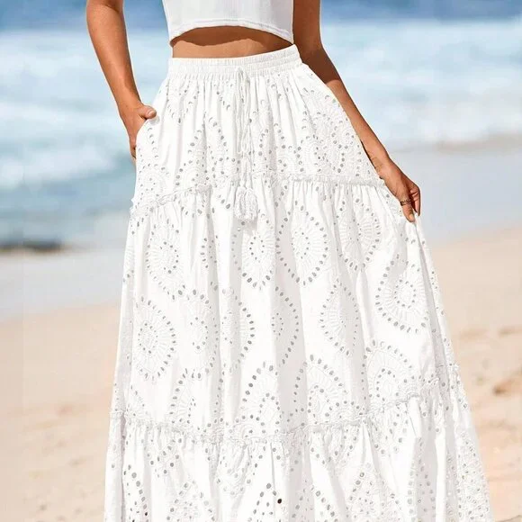 White Boho Women's Tiered Flowy Maxi Skirt with Lace Embroidery - Picture 2 of 5